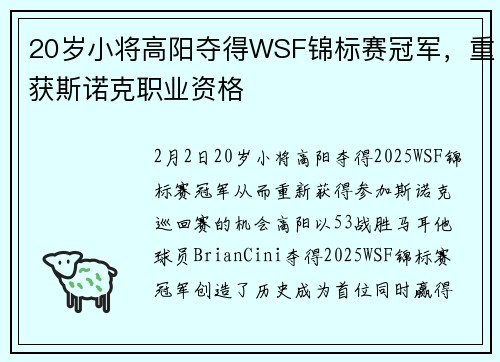 20岁小将高阳夺得WSF锦标赛冠军，重获斯诺克职业资格